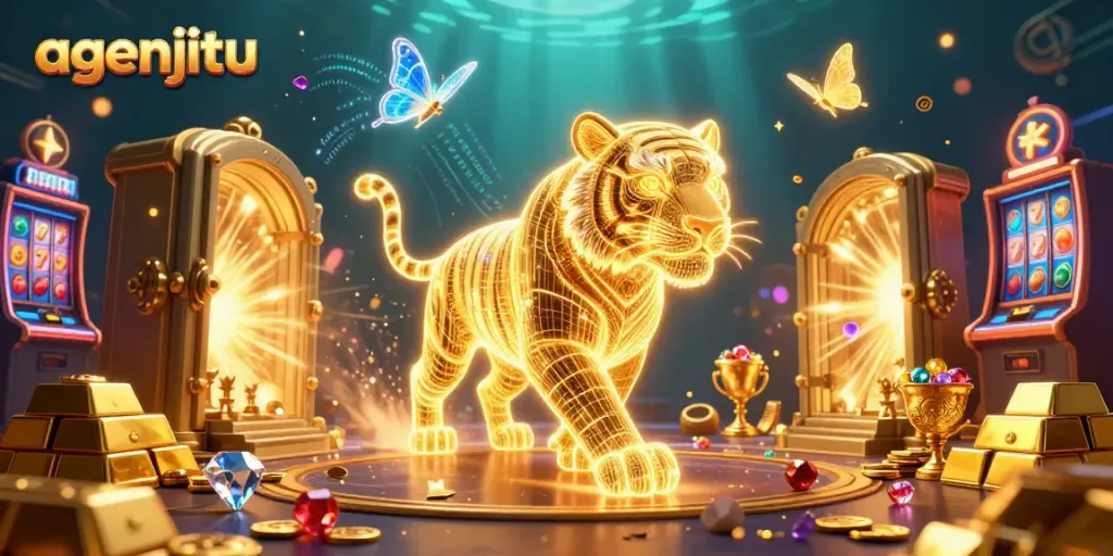 Gambarlah agenjitu yang menggambarkan kasino digital dengan singa emas neon dan slot beruntung.