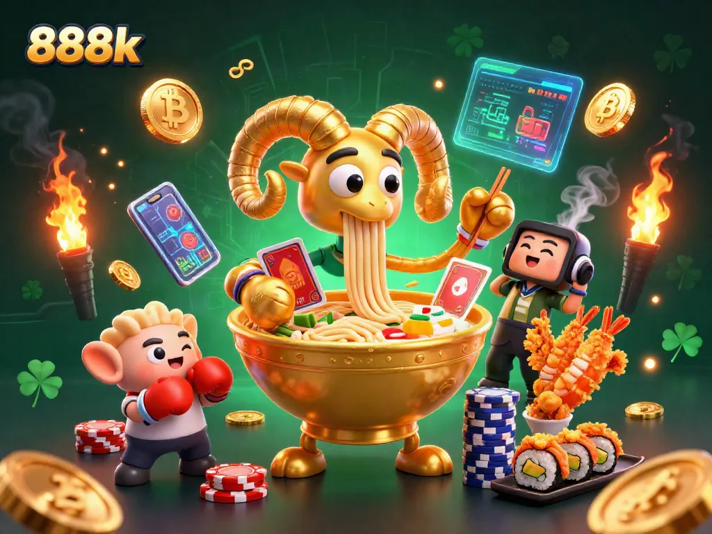 Stack dynamic actions at 888k casino with a giant ramen bowl dealing cards and chips.
