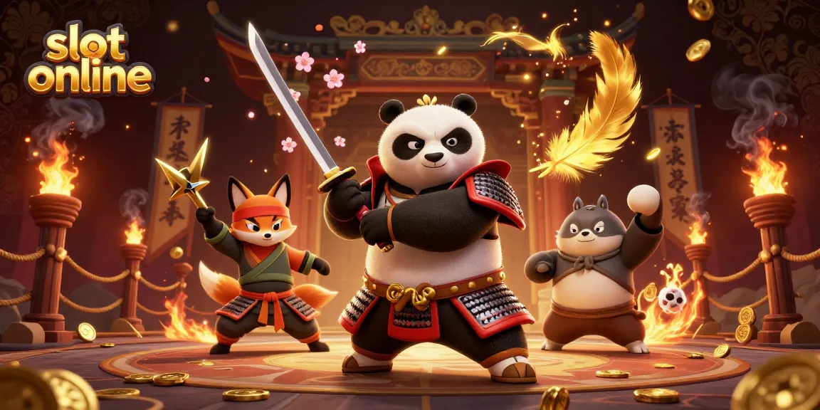 Bermain slot online dengan karisma panda samurai dan ninja rubah, dikelilingi efek magis dan koin emas.