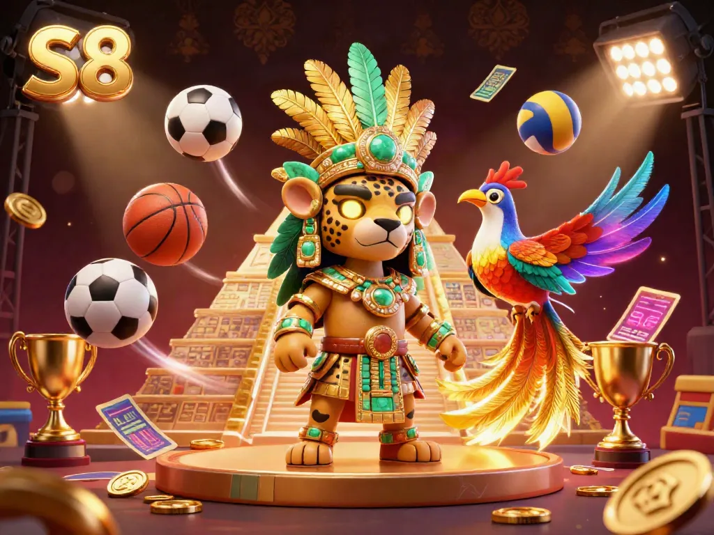 Experience the vibrant energy of S8 casino gaming with a Mayan priest and quetzal bird in an ultra-detailed scene.