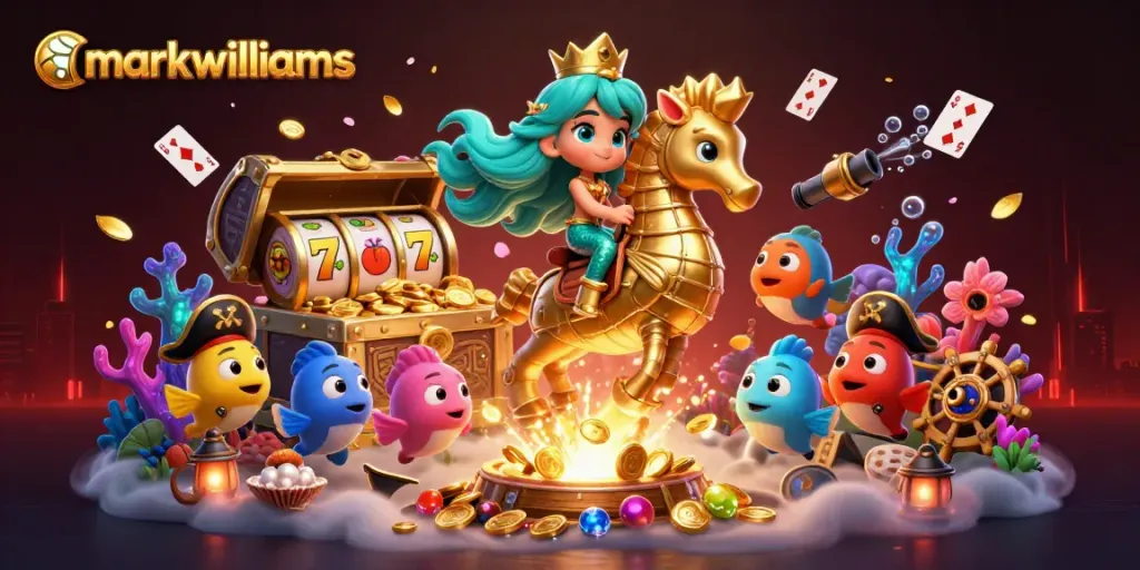 Engage with markwwilliams in this vibrant casino underwater illustration filled with golden treasures and exciting game elements.