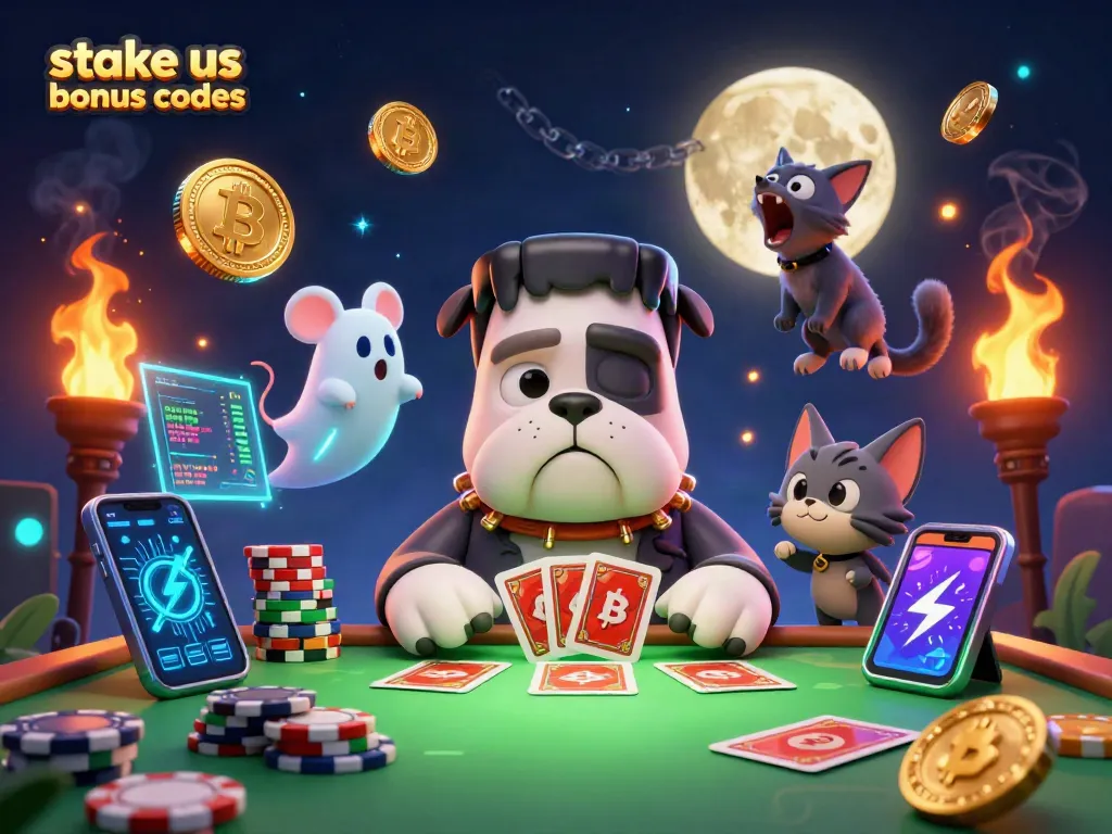 Engage with stake us bonus codes for thrilling gaming, featuring a Frankenstein bulldog at a casino table.