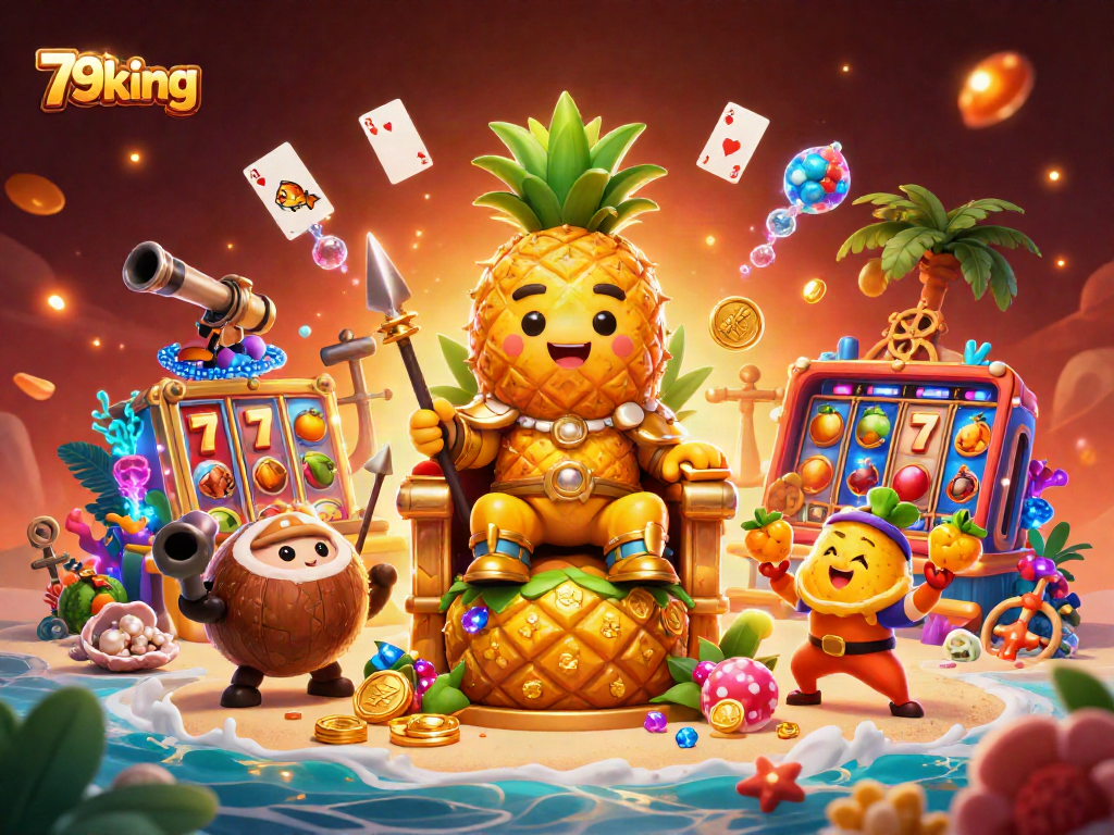 Engage with 79king's deluxe beach casino featuring a golden pineapple king, lavish treasures, and thrilling game elements.