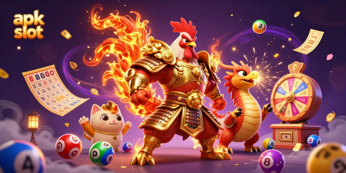 Menghadirkan apk slot terbaru dengan karakter ayam petarung dan naga dalam ilustrasi yang dinamis.