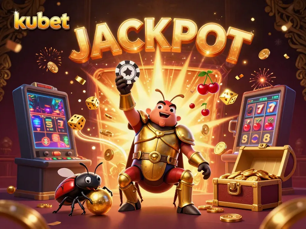 Kubet jackpot celebration scene with hercules beetle and slot machine bursting coins.