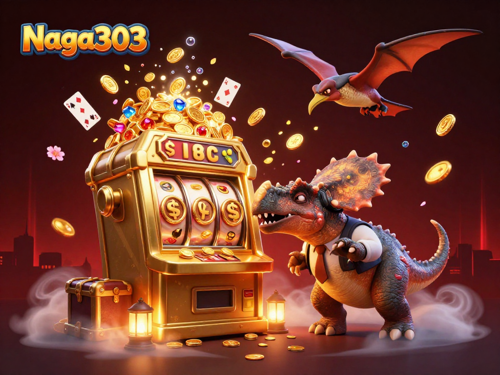 Naga303 memicu jackpot di mesin slot dengan dino yang penasaran dan koin emas berhamburan