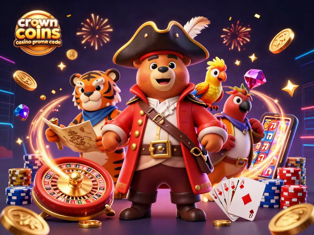 Exciting scene showcasing crown coins casino promo code with a pirate captain bear and treasures.