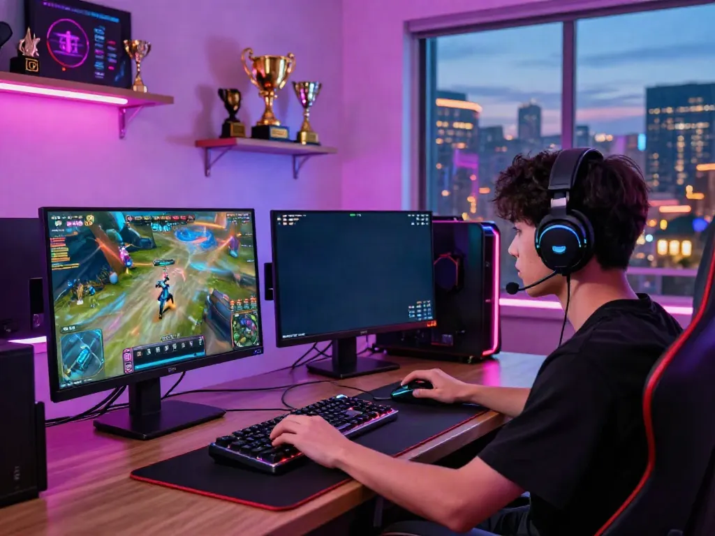 Explore the thrilling world of luxury111 login featuring a competitive gaming setup with neon lighting and trophies.