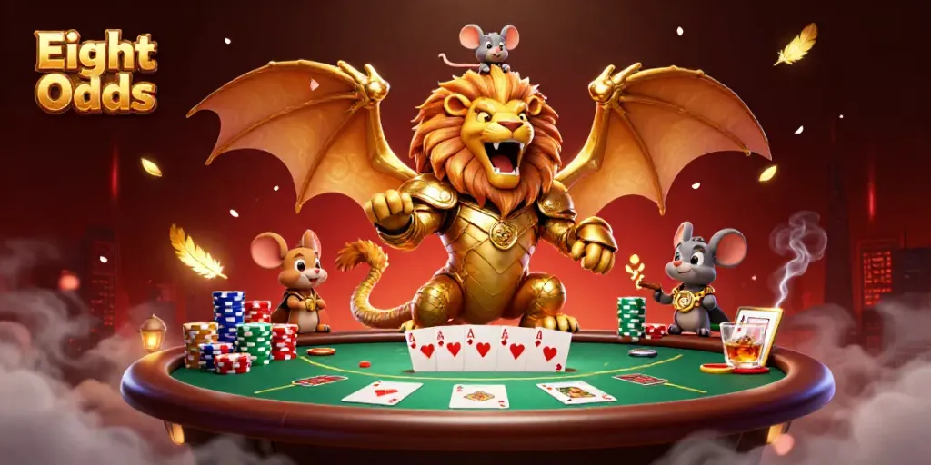 Experience the excitement of Eight Odds with a roaring chimera atop a poker table, showcasing vibrant casino elements.
