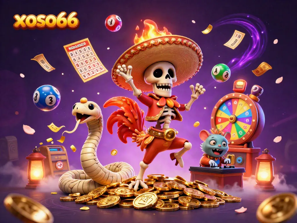 xoso66 showcases a festive casino scene with dynamic lottery excitement and vibrant characters celebrating.