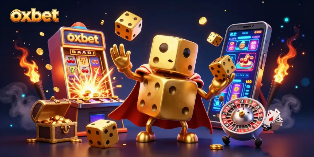 Experience excitement with Oxbet's dynamic gaming scene featuring thrilling slot machines and golden dice.