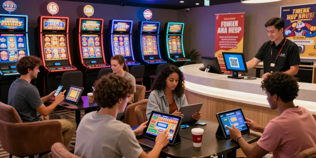 Players enjoying slot resmi games in a vibrant online gaming lounge with QRIS payments