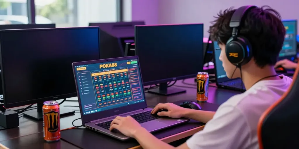 Engaged user playing on POKA88 platform with vibrant gaming setup.