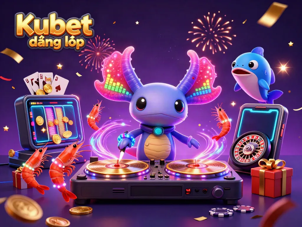Engage with Kubet đăng nhập through a vibrant casino party featuring a DJ axolotl and gaming elements.