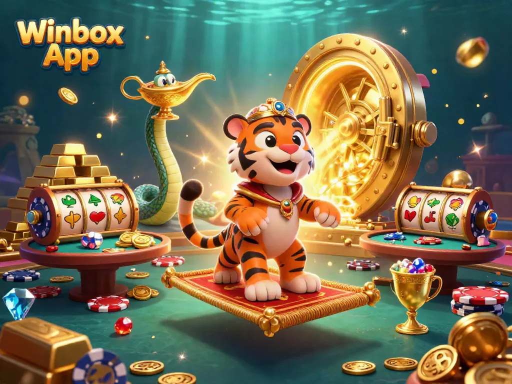 Winbox App showcases an exciting casino scene with a tiger sultan, magic lamp, and vibrant slot reels.