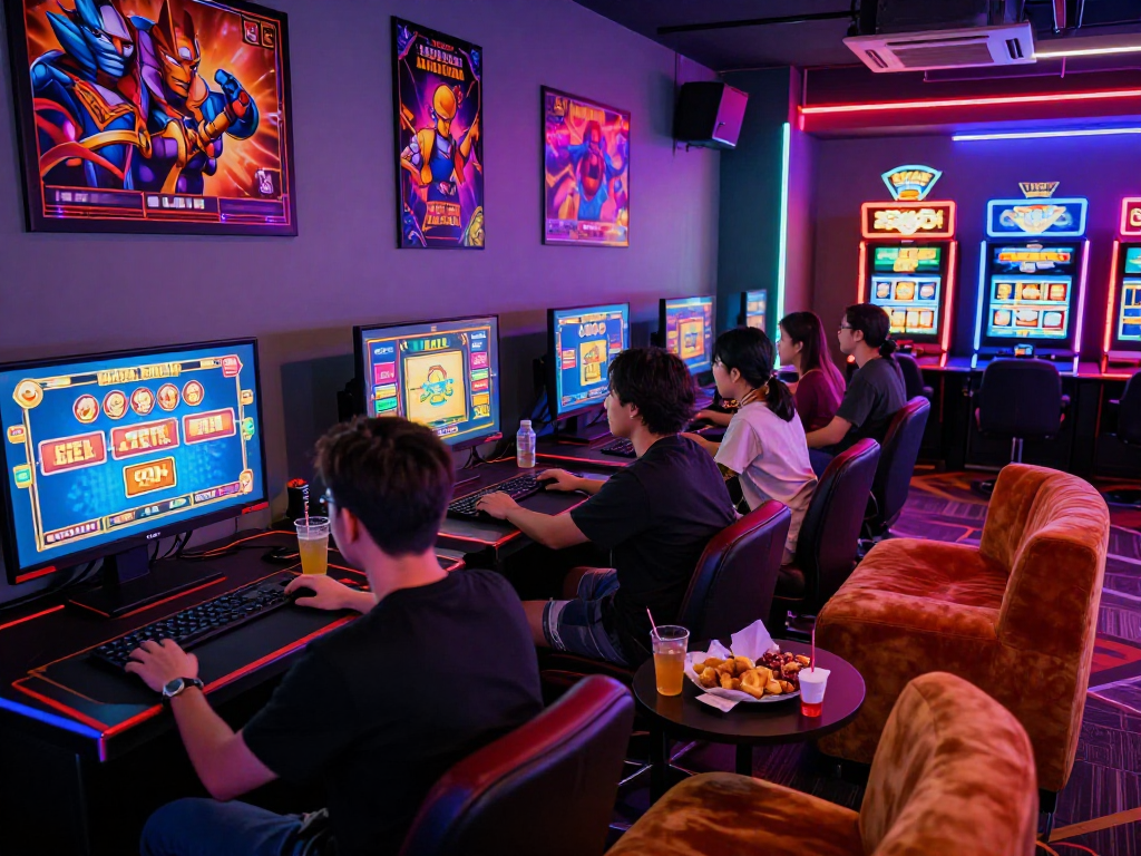 Teman-teman bersenang-senang memainkan bandar slot di ruang permainan modern.