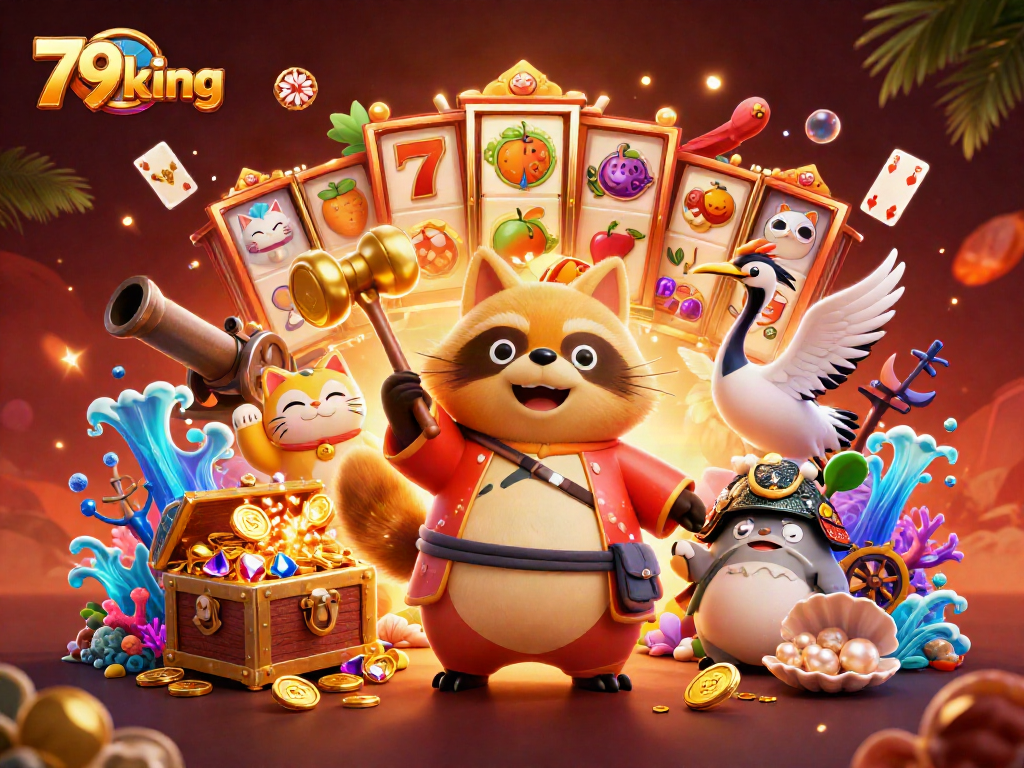 Engage with 79king's thrilling world filled with vibrant casino symbols and cheerful characters.
