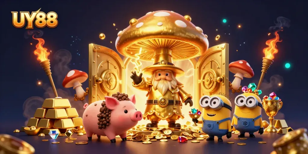 Experience the thrill of winning at UY88 with a magical gold-themed casino scene.