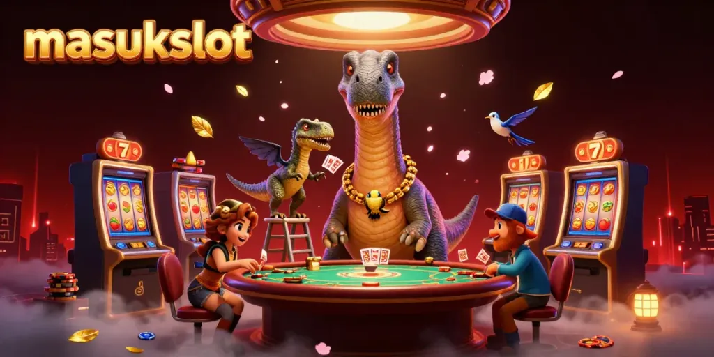 Permainan menarik di masukslot dengan brontosaurus dan raptor dalam kasino.