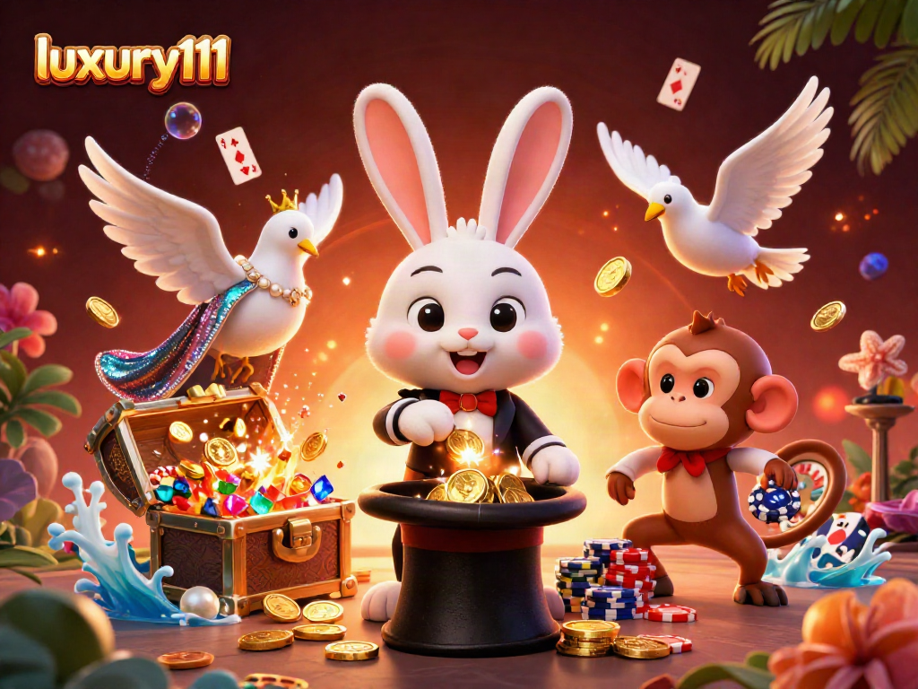 Experience the thrill of luxury111 with a dynamic casino scene featuring a magical rabbit and poker chips.
