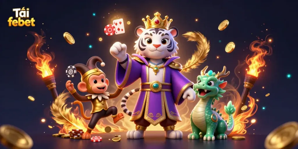 Experience the thrill of Tải febet with a royal white tiger, playful monkey, and magical dragon in a vibrant casino scene.