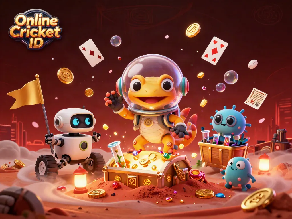 Engage in thrilling online betting with a secure Online Cricket ID amidst a vibrant 3D casino scene.
