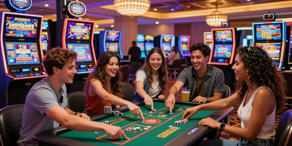 Excited group enjoying สล็อต games at a lively casino.