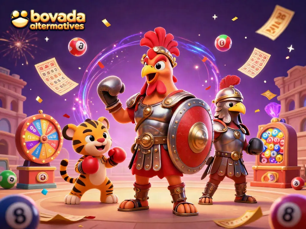 Explore bovada alternatives with an exciting 3D illustration of a gladiator rooster and tiger cub in a vibrant casino arena.