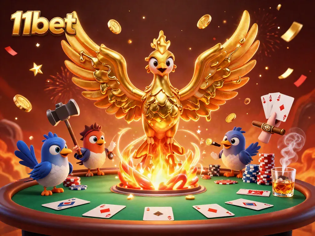 Experience thrilling wins at 11bet with a golden phoenix and poker elements in this captivating 3D casino illustration.