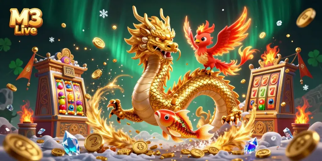 Experience the excitement of M3 Live with spinning slot games, golden coins, and mythical creatures.
