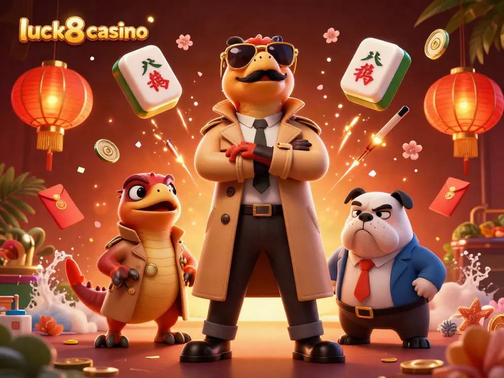 Experience luck8 casino excitement with raptors under golden lights in a vibrant casino scene.
