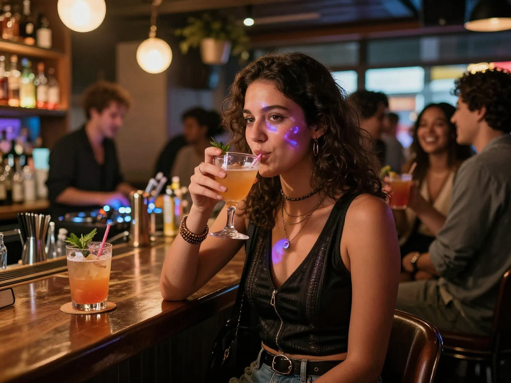 Gái gọi tại quán bar sôi động, trẻ trung và phong cách, tạo không gian vui vẻ.