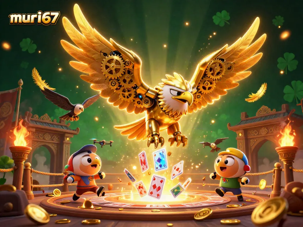 Experience thrilling gameplay with murai67, as a golden eagle dives through holographic cards in this vibrant casino scene.