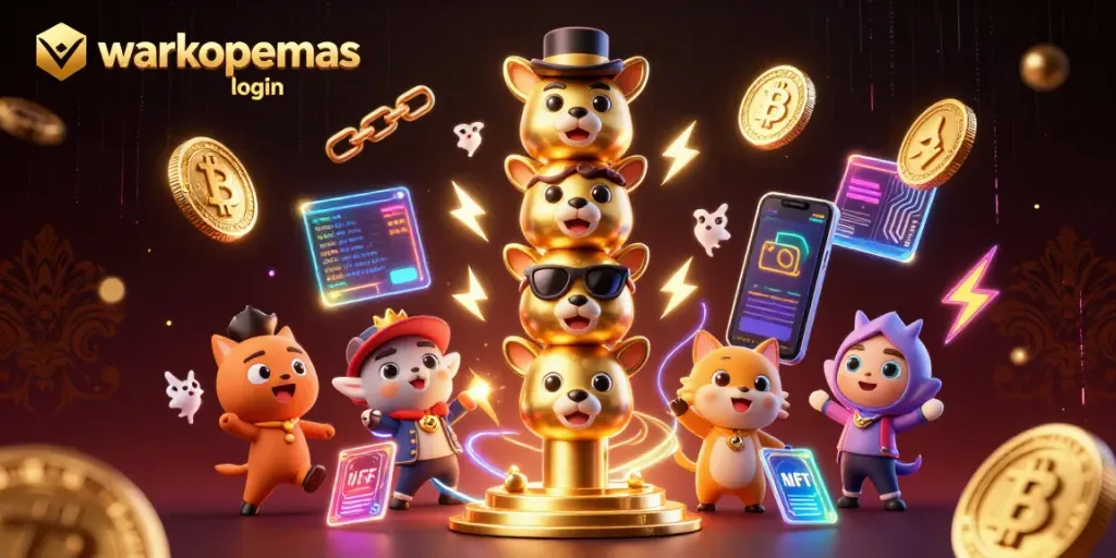 Bermain warkopemas login dengan suasana kasino digital, menampilkan totem emas dan simbol cryptocurrency.