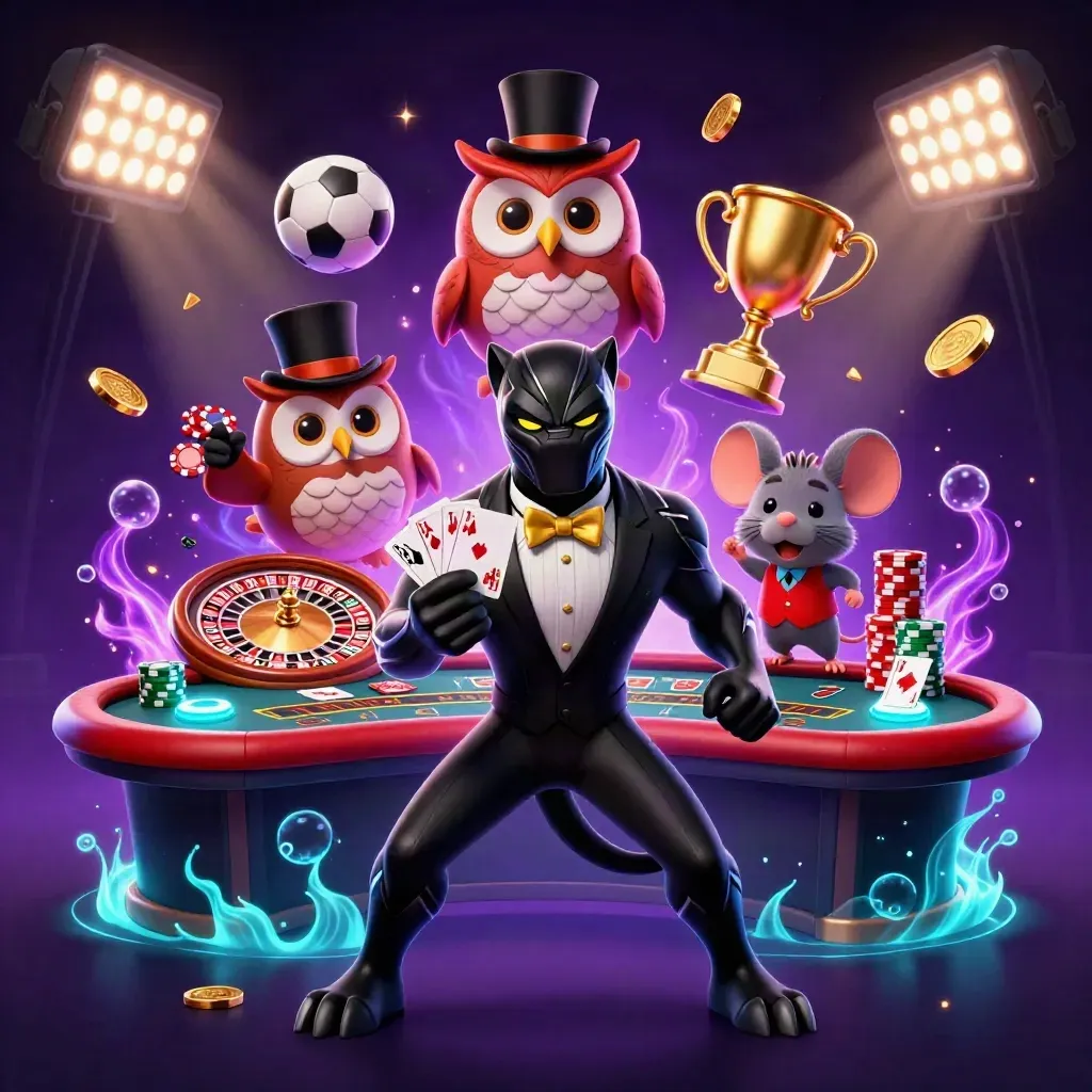 Panther, owl, and mouse in neon casino action with chips, cards, and glowing sports balls.