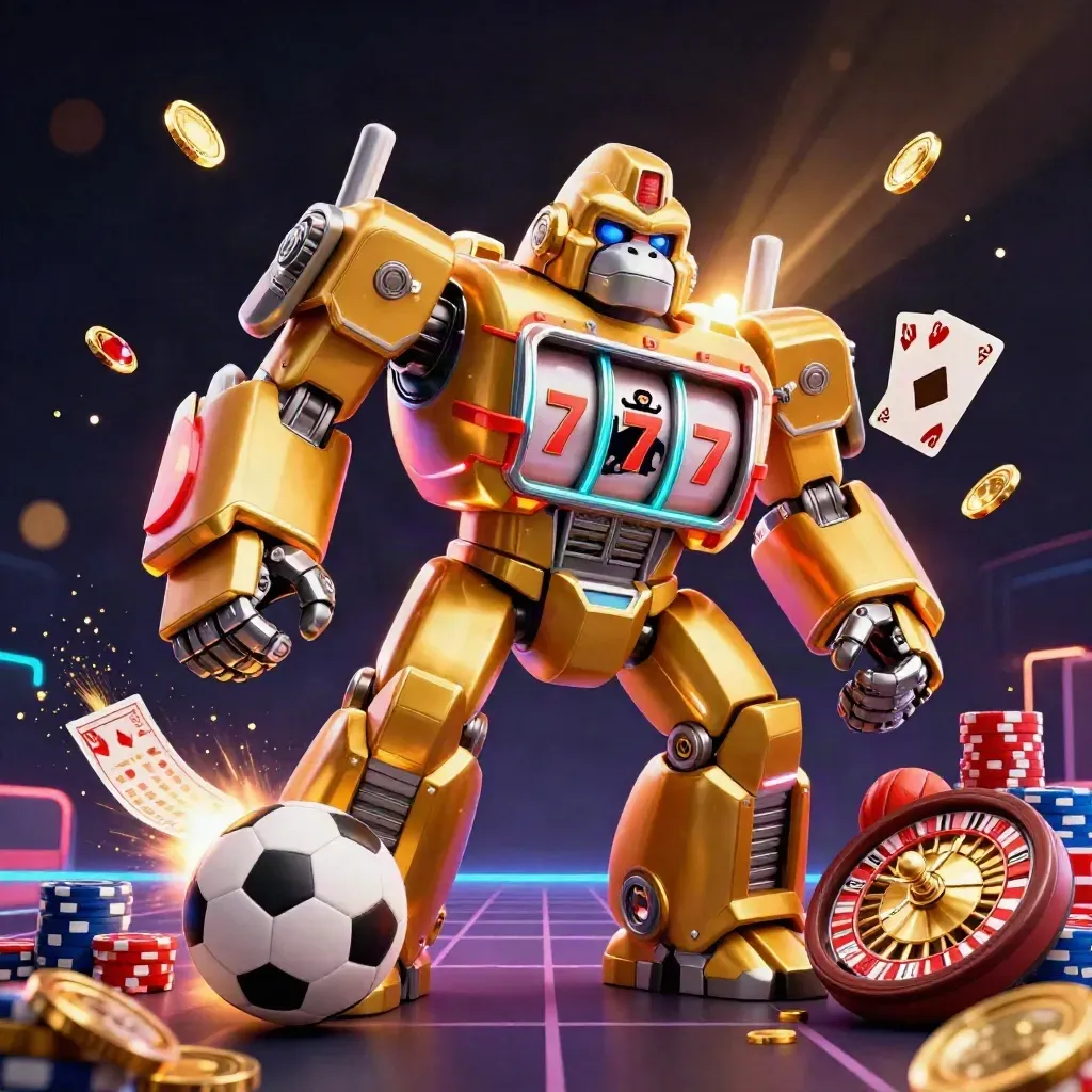 Golden gorilla mech with slot reels, coins, cards, chips, and neon casino lights flying around.