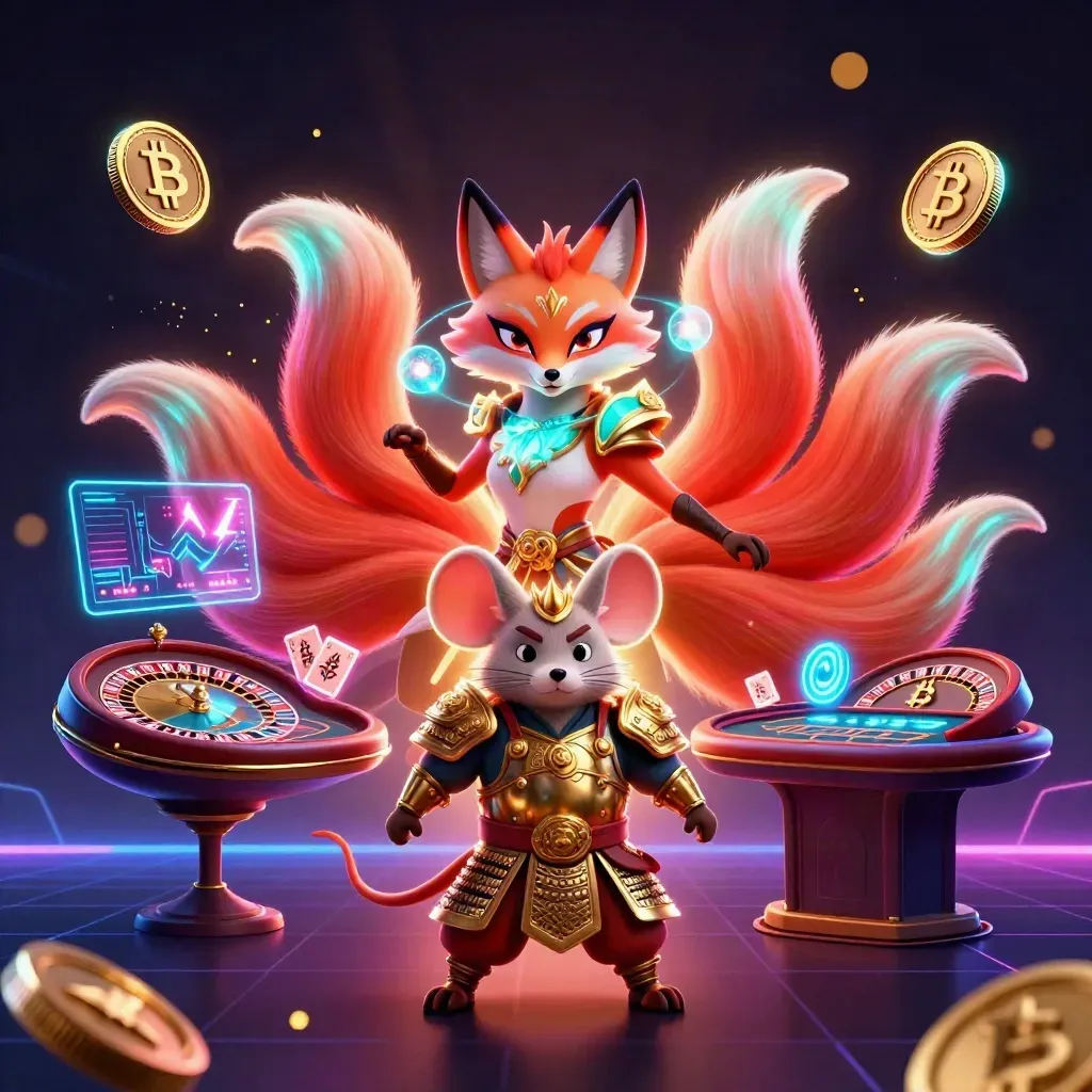 Neon fox spirit and samurai mouse amid casino crypto effects, glowing in black, red, cyan, and gold.