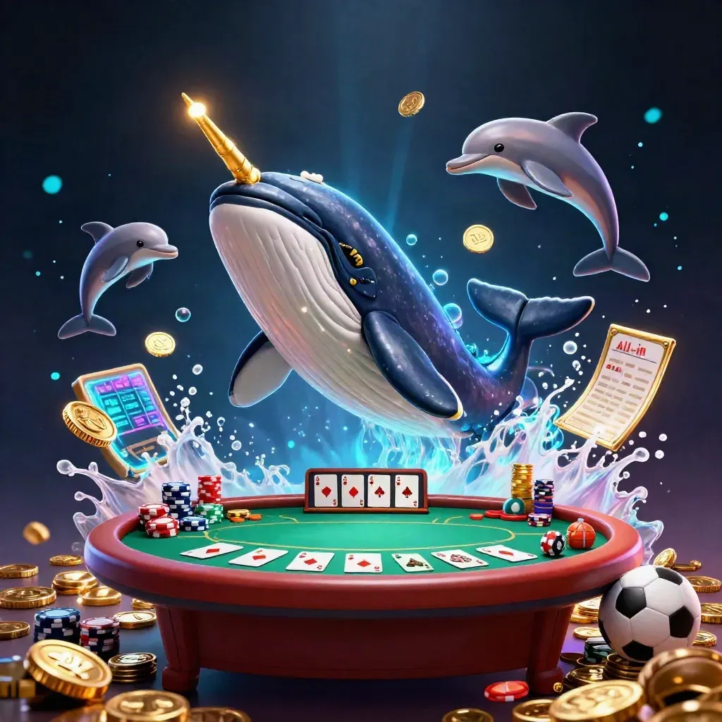 Whale captain, narwhal, dolphins, chips, cards, balls, and neon casino glow.