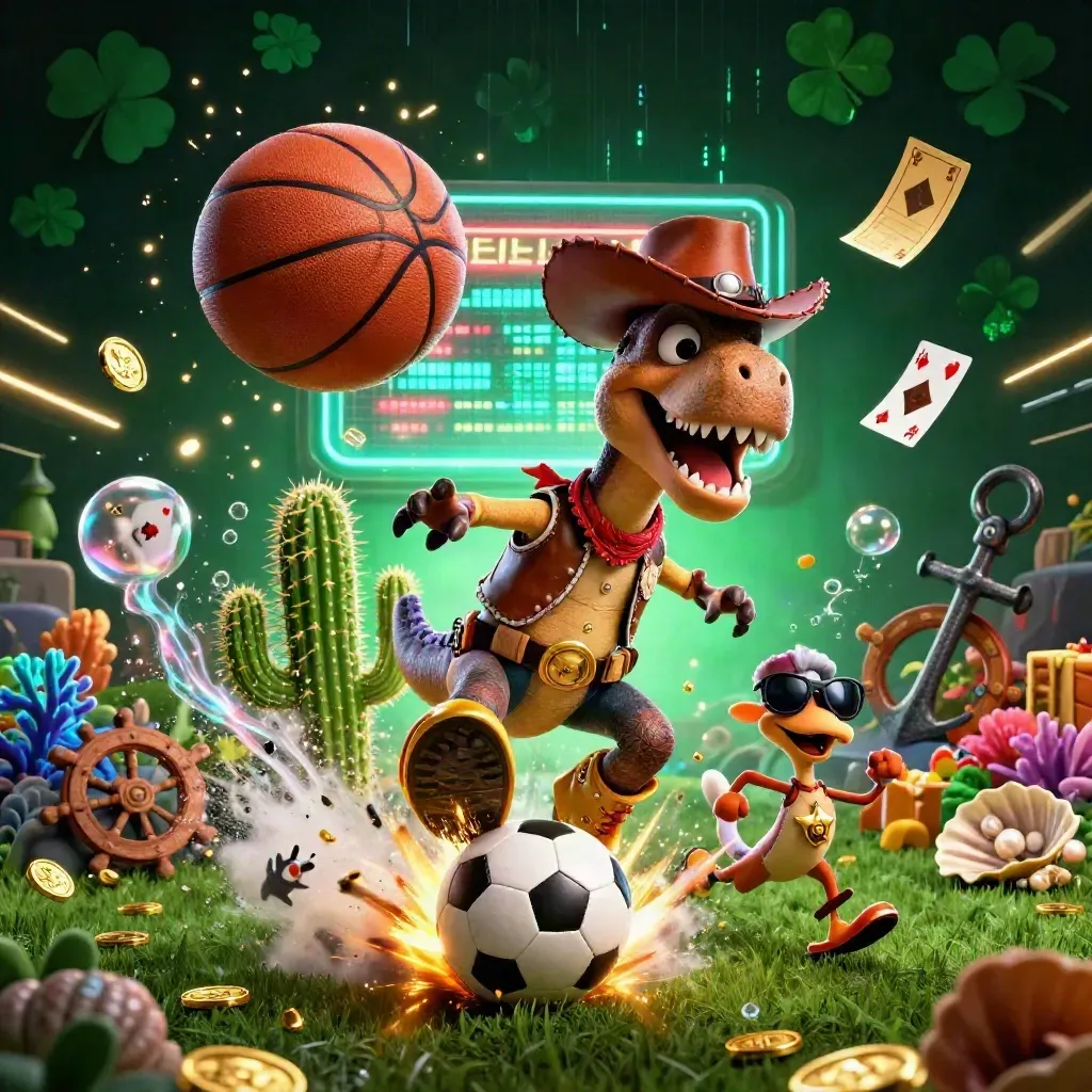 Cowboy T-Rex, cactus sidekick and roadrunner amid soccer and casino-cove neon chaos.