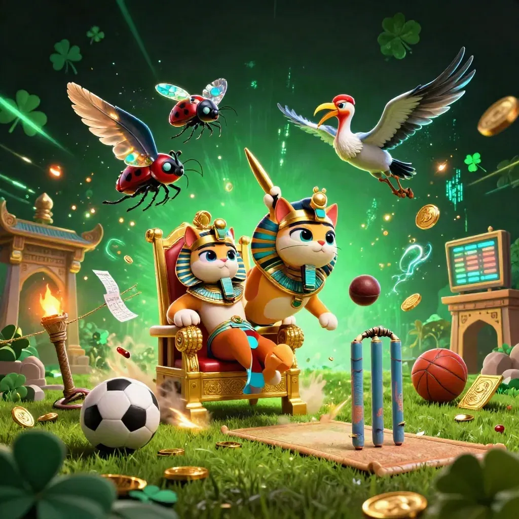 Pharaoh cat, ibis scribe, and scarabs amid a flying cricket ball and casino lights.