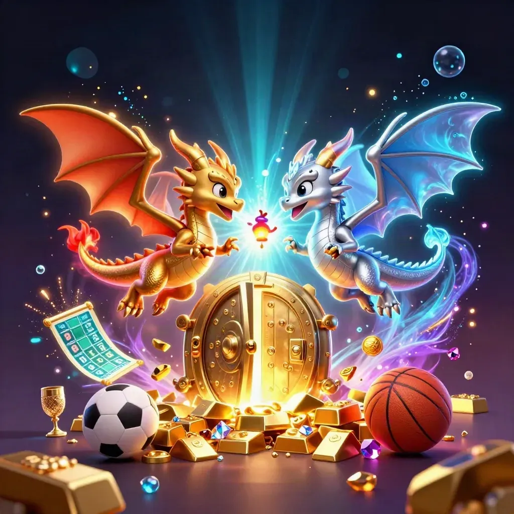 Gold and silver dragons burst around a treasure vault, casino loot, and neon sports balls in dark electric light.