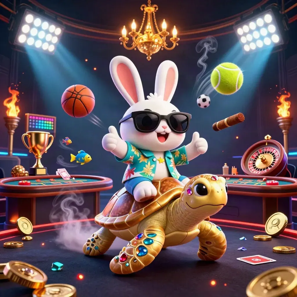 Rabbit on a golden sea turtle amid casino and sports spectacle, neon-lit premium game art