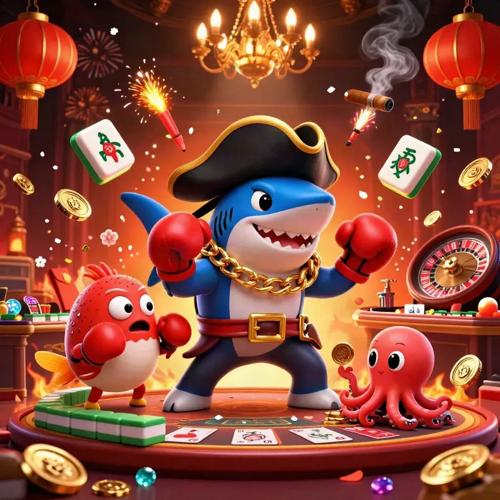 Pirate shark, boxing pufferfish, and juggling octopus in a neon casino scene.