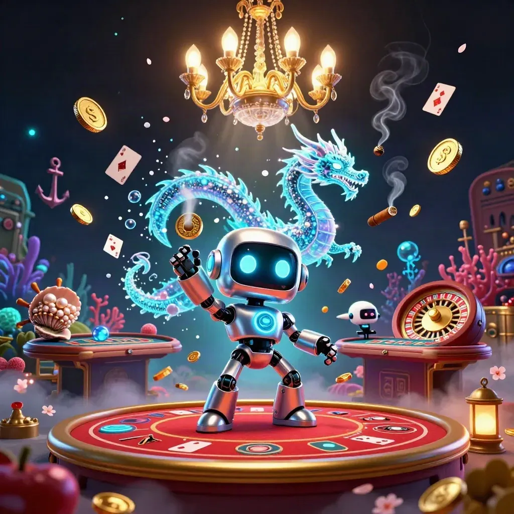 Cyberpunk casino mascots in a treasure-cove live-casino scene with glowing cards, coins, and neon magic.