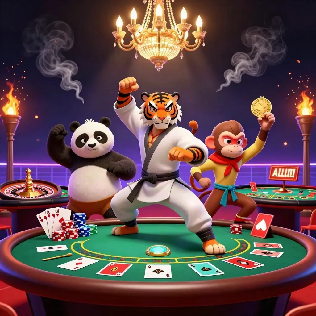 Kung-fu tiger, panda, and monkey in a neon casino with cards, chips, and spinning roulette glow.
