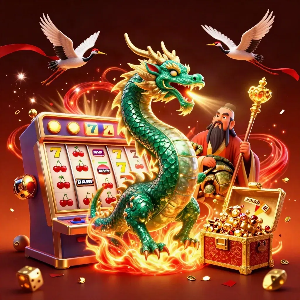 Jade dragon, turtle sage, and cranes amid exploding casino gold and fiery light.
