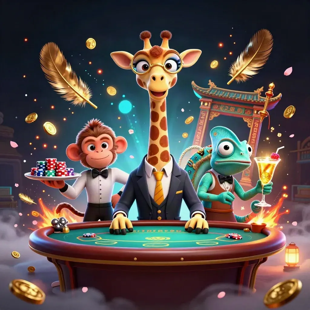 Giraffe, monkey, and chameleon in a neon casino scene with treasure bursts