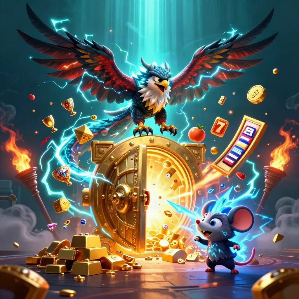 Thunder dragon, wind hawk, and static mouse burst from a gold vault in neon casino style.