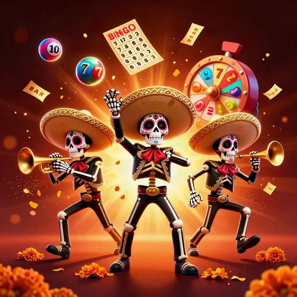 Three skeleton mariachi performers amid bouncing game tokens and glowing casino effects.