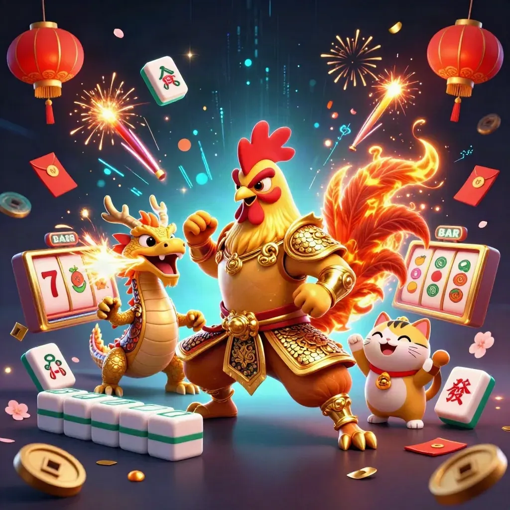 Rooster warrior, dragon hatchling, and fortune cat amid casino treasures and neon sparks.